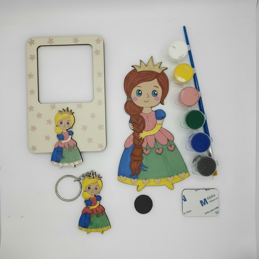 Princess-themed painting items including a magnetic photoframe , keychain, and magnets on a white background.
