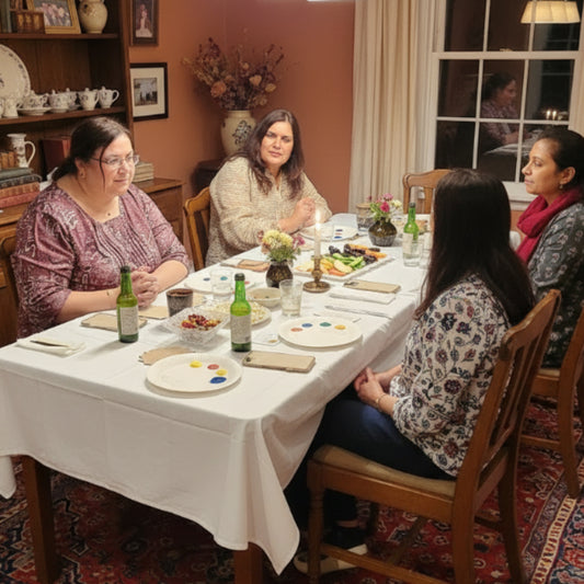 Group of people gathered around a table with art supplies in a casual setting.