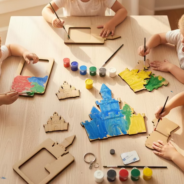 Children engaged in arts and crafts at a table with various materials.