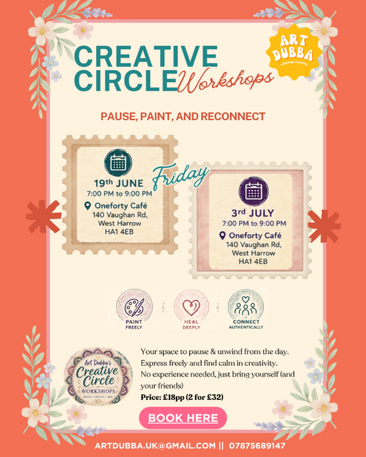 Promotional flyer for Creative Circle Workshops with event details and branding.