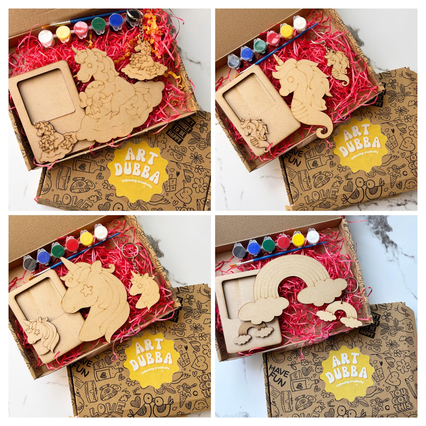 Collage of wooden unicorn and frame set in a box with 'Art Dubba' branding.