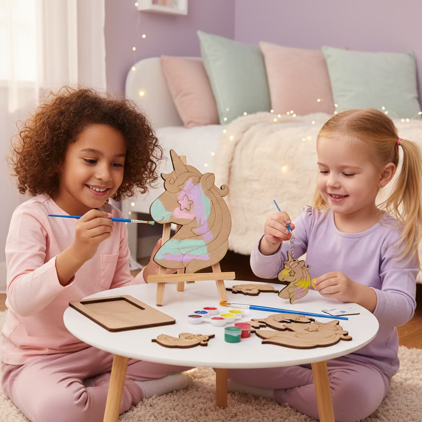 Two children painting wooden unicorn toys at a small table in a cozy living room.