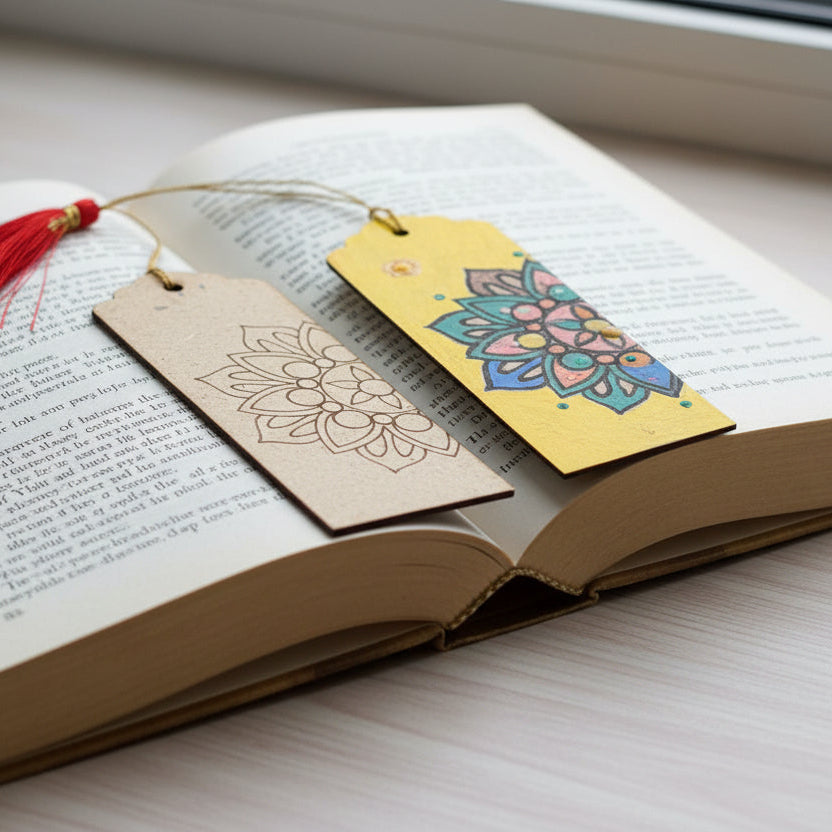 Open book with two decorative bookmarks on a light surface