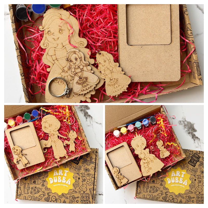 Wooden dolls and frame set in a box with 'Art Dubble' branding.
