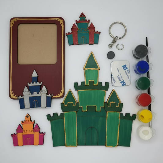 Colorful castle-themed craft items including a frame, keychain, and paint bottles on a white background.