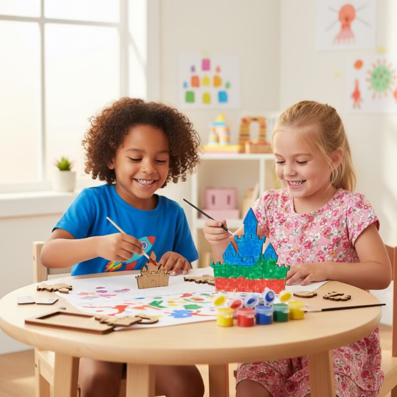 Two children sitting at a table with art supplies, smiling and engaged in an activity.
