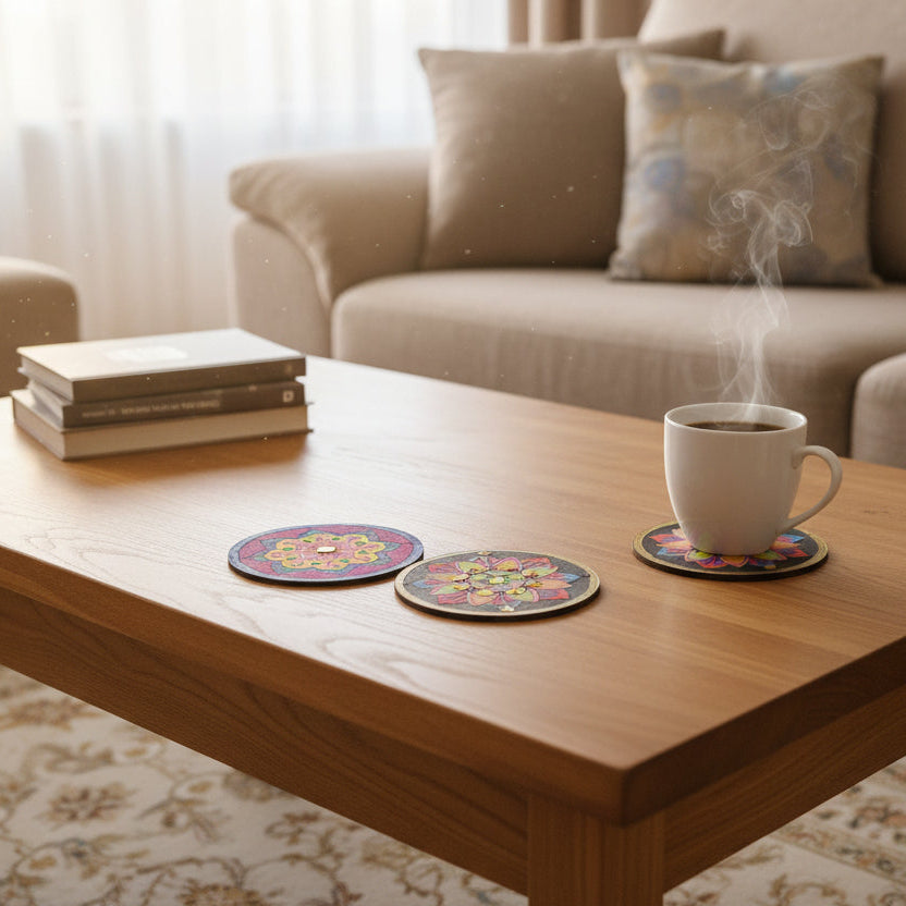 Steaming coffee cup on a wooden table with decorative coasters, books, and a couch in the background.