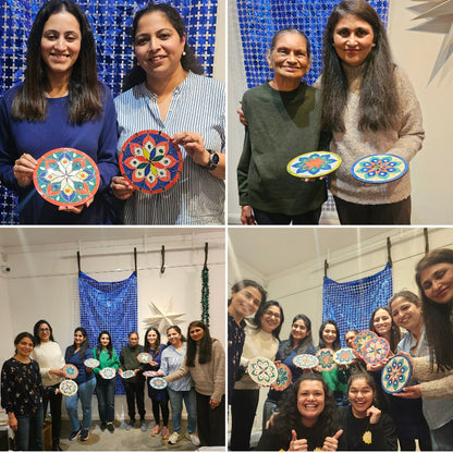 Collage of people holding Mandala with floral designs in various settings.