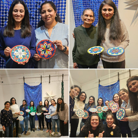 Collage of people holding Mandala with floral designs in various settings.