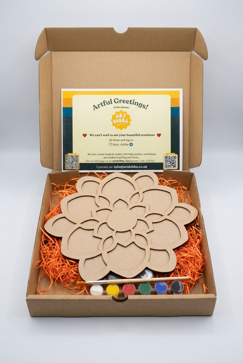 Flower shaped Rangoli mdf stencil kit with paints and brush 
