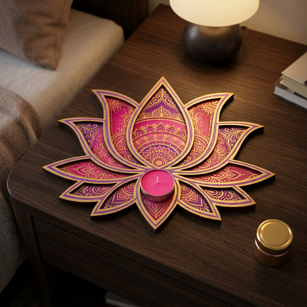 Wooden lotus flower art kit with stencil   on a marble surface, accompanied by paint pots and brushes