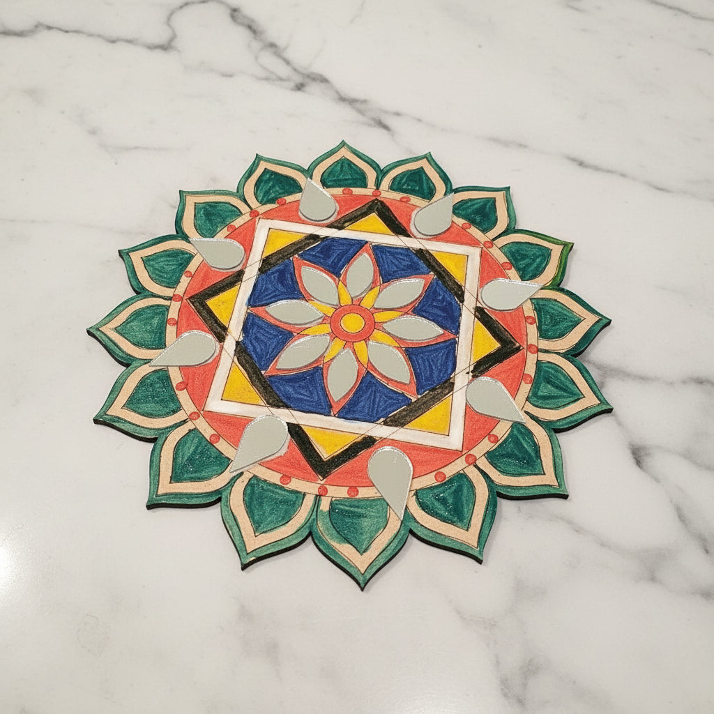 Colourful floral design Mandala on a tablecloth with a mug and paintbrushes.