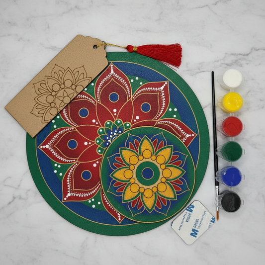 Mandala design on Kraft packaging with paint supplies on a white background