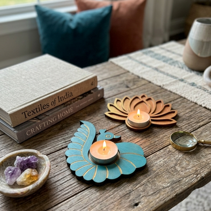 Decorative candles on wooden tealight holders painted with books and a bowl of crystals on a table.