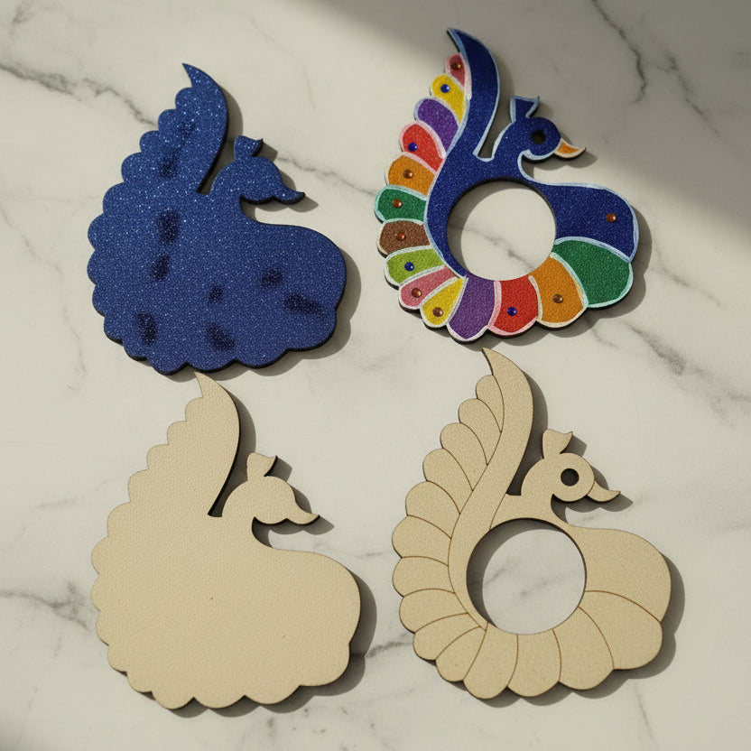 Decorative peacock shapes in blue, multicolor, and brown on a white background