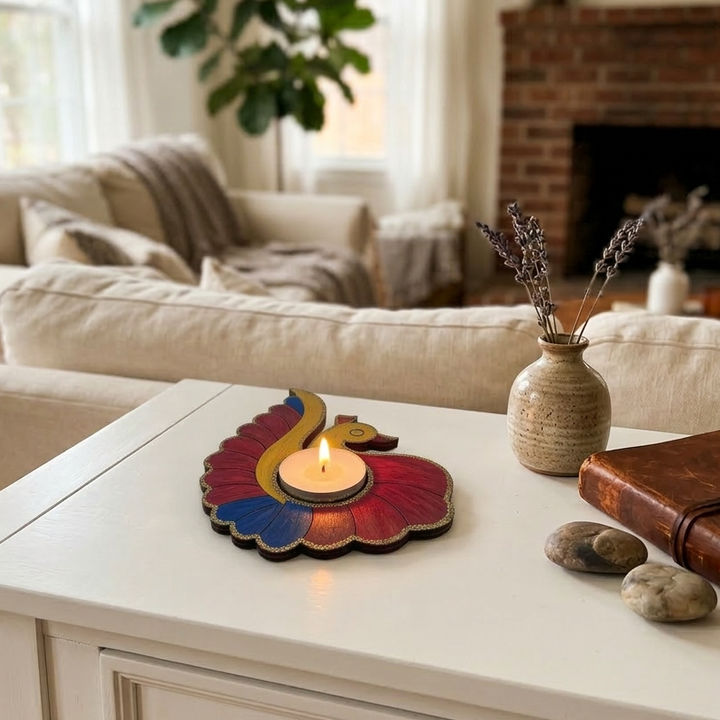 Living room with a white coffee table featuring a colourful peacock tealight holder.