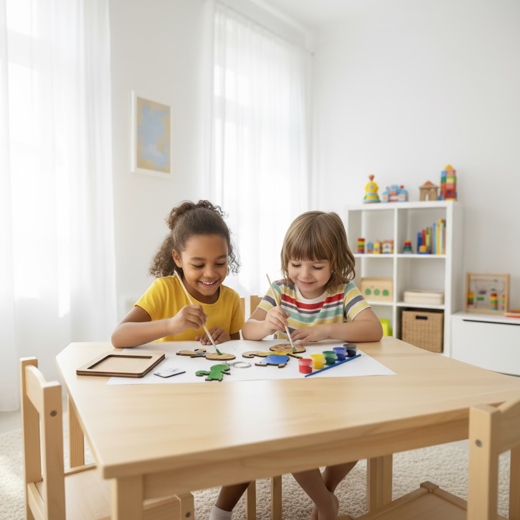 Two children sitting at a table in a bright room, engaged in an art project.