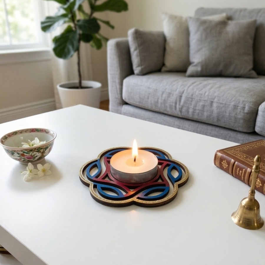 Candle on a decorative coaster on a coffee table in a living room.