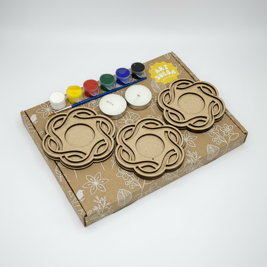 craft kit with laser-cut shapes and paint supplies on a white background