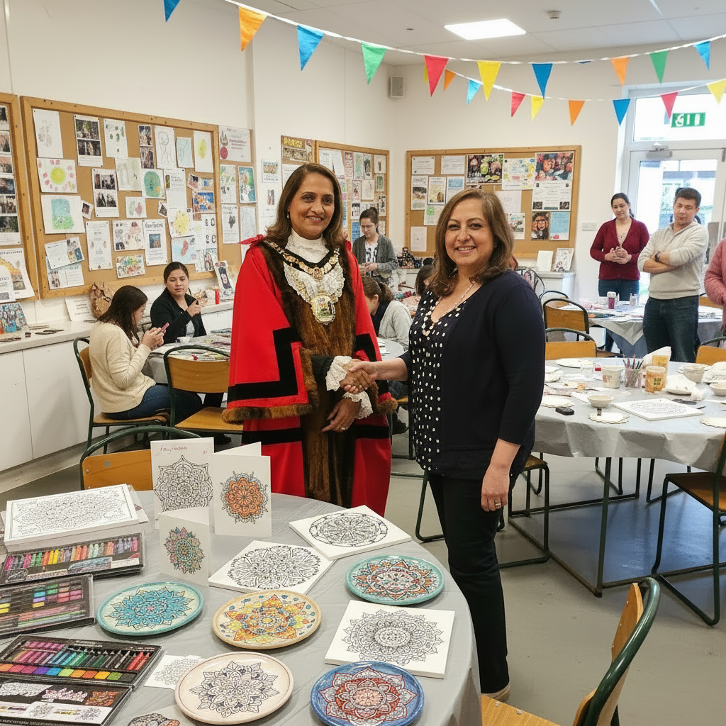 Two women, one in a dark outfit and the other in a costume with red cape and brown vest, standing indoors.