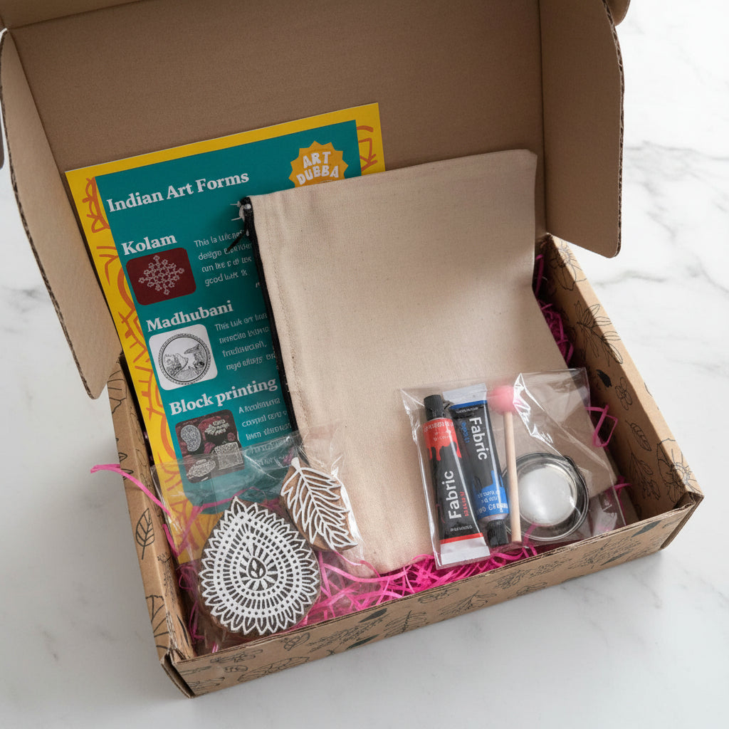 block printing kit with blocks, paints, applicator, canvas ouch and instructions