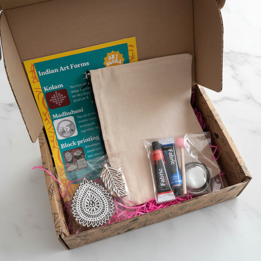 block printing kit with blocks, paints, applicator, canvas ouch and instructions