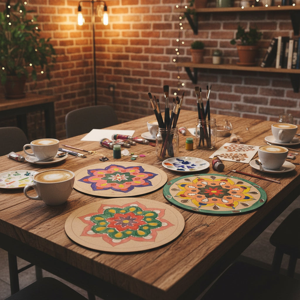 Three wooden decorative pieces with colourful mandala designs on a white surface.