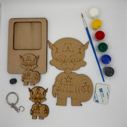 Wooden cutouts of a character with paint supplies on a white background