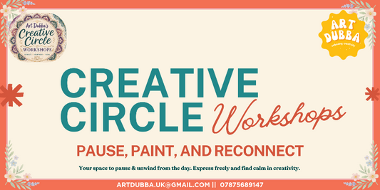 Promotional banner for Creative Circle Workshops with text and decorative elements.