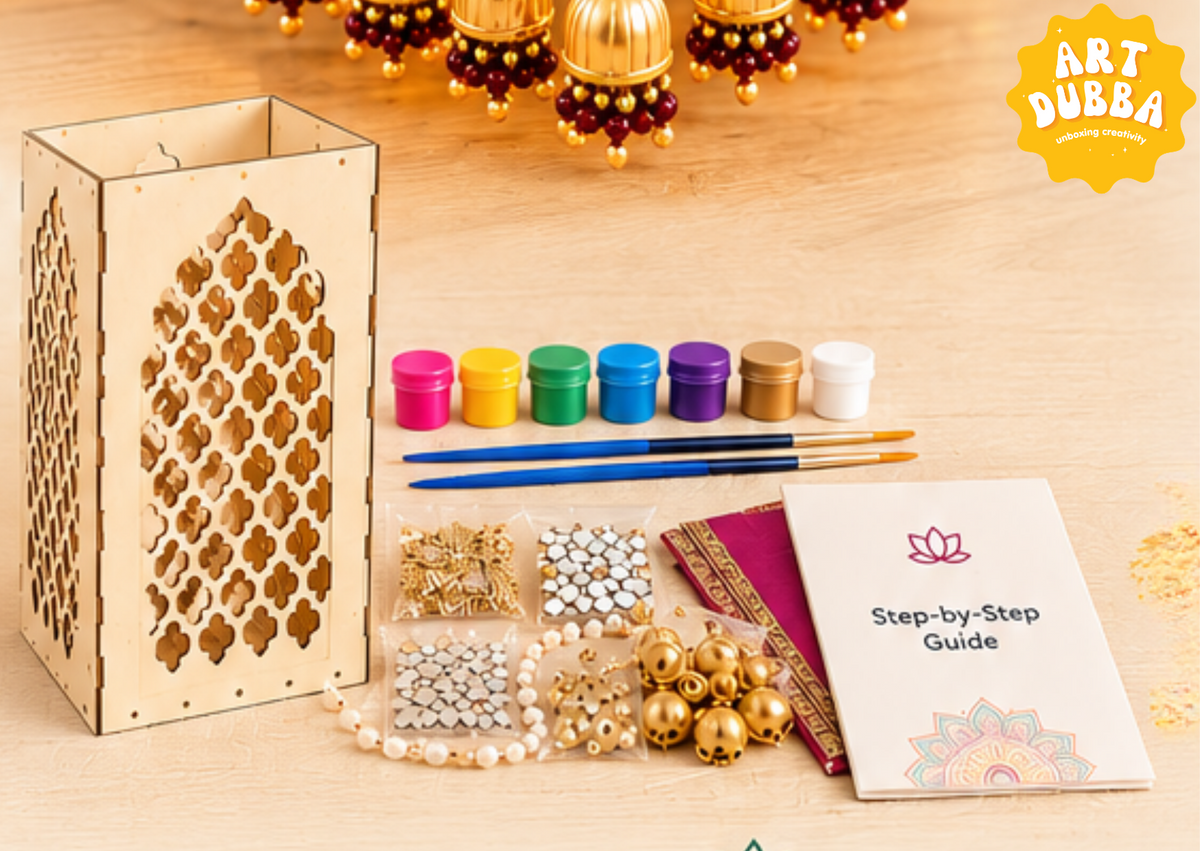 Art Dubba DIY Diwali lantern making kit with jharokha frames, lantern sides, paints, mirrors, pearls and decorative beads.