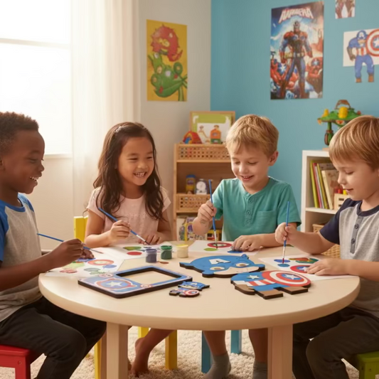 Four children sitting around a table in a colorful playroom, engaged in arts and crafts activities. 