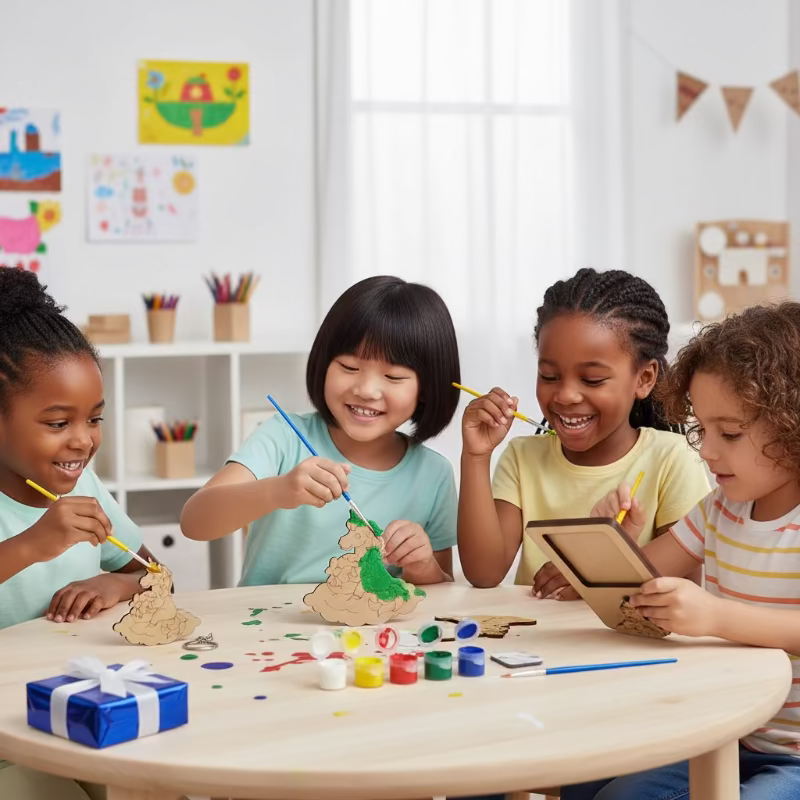 Four children engaged in a craft activity at a table with various art supplies.