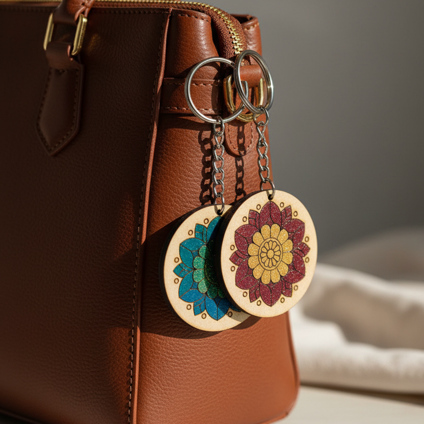 Brown leather handbag with colorful floral keychains on a neutral background
