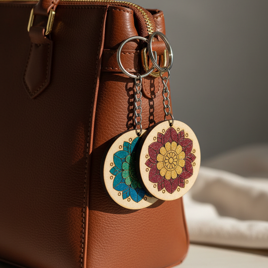 Brown leather handbag with colorful floral keychains on a neutral background