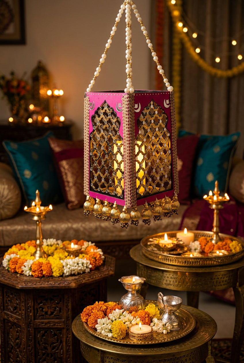 rt Dubba DIY Diwali lantern making kit with jharokha frames, lantern sides, paints, mirrors, pearls and decorative beads.