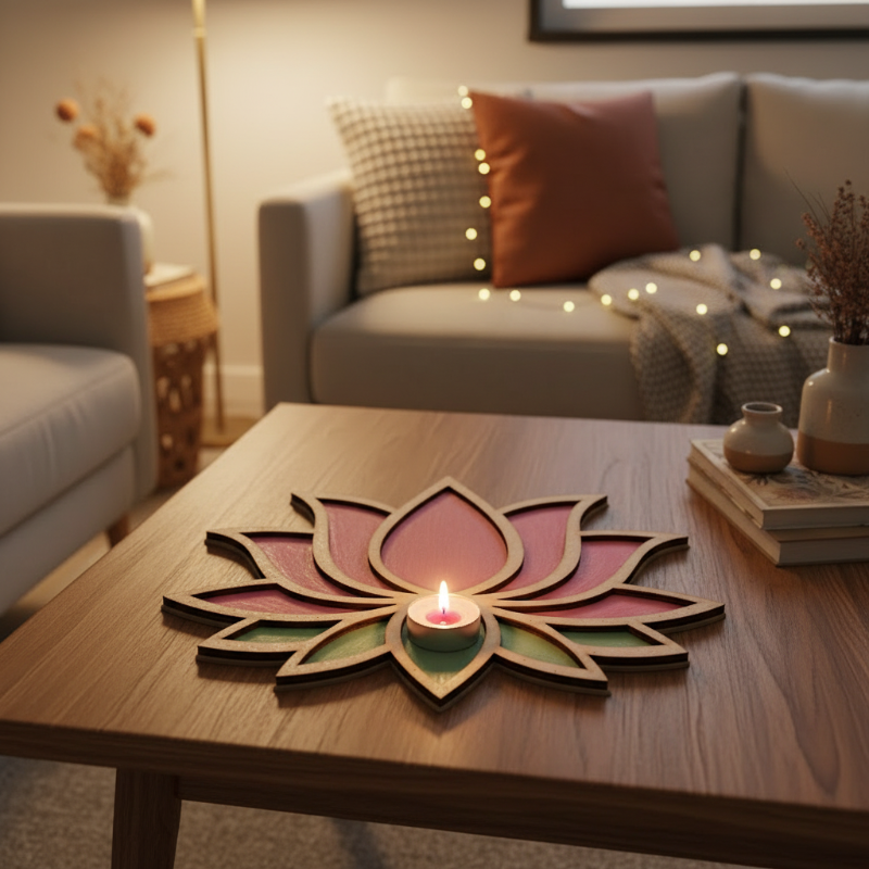 Wooden lotus flower wall art with a pink tealight in the center on a marble surface, accompanied by paint bottles and a green plant.