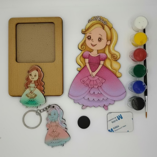 Princess-themed items including a keychain, magnet, and frame on a white background.