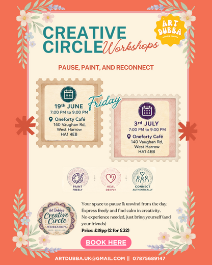 Promotional flyer for Creative Circle Workshops with event details and branding.