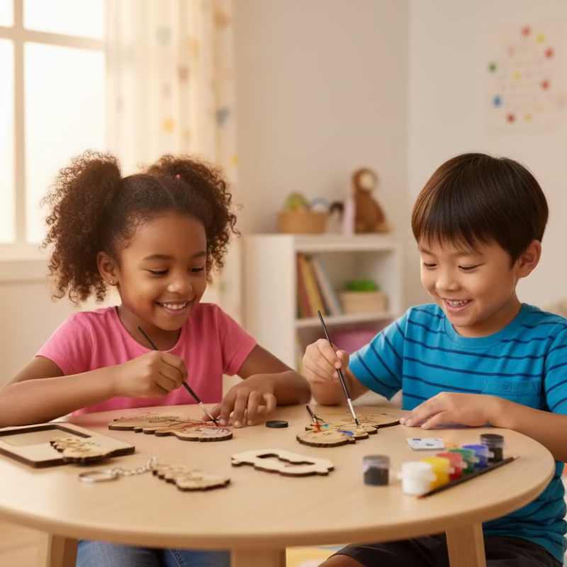Two children sitting at a table, engaged in an art activity with paint and brushes.