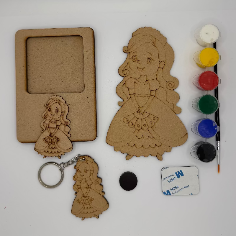 Wooden cutout of a girl with long hair, paintbrushes, and a keychain on a white background